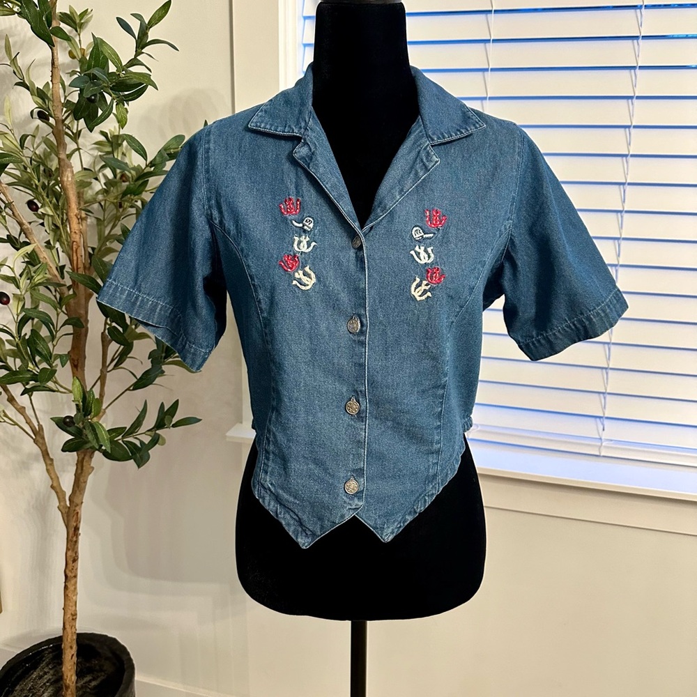 Vintage Western Denim Embroidered Top with Cowboy Boots